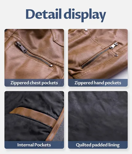 Vista 7 de CREATMO US Chaqueta de piel sintética para hombre, impermeable, resistente al viento, PU con capucha extraíble