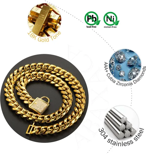 Vista 4 de Collar para perro de lujo de acero inoxidable personalizado, 14 mm, oro de 18 quilates, collar de entrenamiento de lujo para perro, Dorado