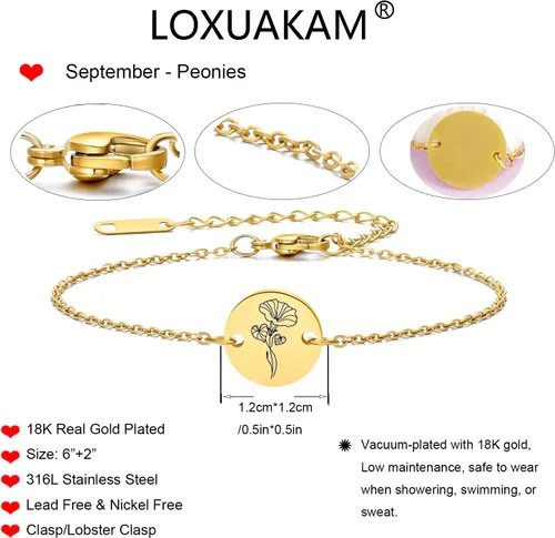 Vista 5 de Pulsera de flor de nacimiento de oro de 18 quilates grabada personalizada, pulseras con dije floral personalizado de acero inoxidable, cadena