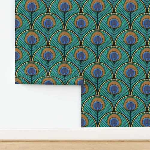Vista 4 de Spoonflower Despegar y pegar papel pintado Swatch – Patrón de abanico Art Deco de pavo real pluma azul verde 1920 inspirado vintage dorado estampado