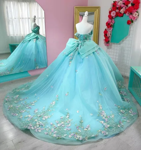 Vista 7 de Mauuwy Vestidos de quinceañera florales en 3D, vestido de baile de tul brillante hinchado, dulce 16 vestidos de encaje con hombros descubiertos