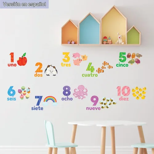 Vista 3 de DECOWALL Calcomanías de pared con números en español inglés del 1 al 10 para niños (DS-2020ES) Decoración extraíble bilingüe con coloridos