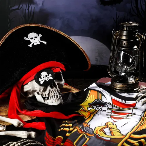 Vista 3 de Eurzom Conjunto de disfraz de pirata de 4 piezas, camisa de crucero caribeño, sombreros de pirata, bandana, parches para los ojos para Halloween