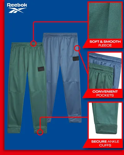 Vista 2 de Reebok Pantalones deportivos para niños, paquete de 2 pantalones deportivos de forro polar de rendimiento con bolsillos para correr y entrenar