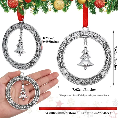Vista 2 de Jinei 6 adornos de corona de Navidad a granel 2026 de peltre sólido con árbol giratorio de metal para Navidad, regalo decorativo de recuerdo