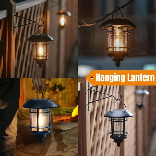 Vista 5 de Dynaming - Juego de 6 luces solares de doble uso para caminos al aire libre, lámparas colgantes solares de jardín con bombilla Edison, iluminación
