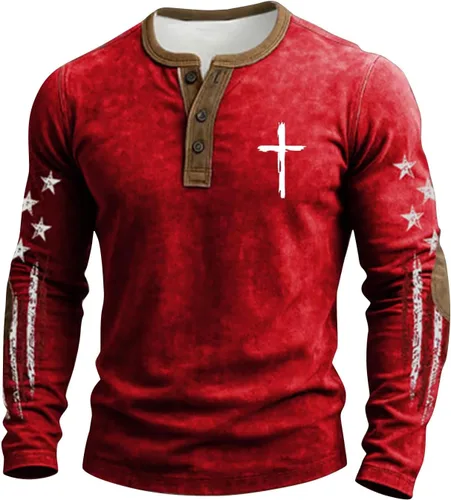 Vista 5 de Camisa Henley con la bandera estadounidense para hombre, cuello en V, manga larga, con estampado de Jesús, camiseta patriótica casual con botones