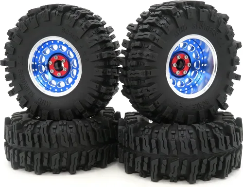 Vista 7 de HOBBYSOUL Llantas RC 2.2 Mud Slingers de 4.882 in y 2.2 Ruedas Beadlock ajustables, 4 llantas de compensación, negro y azul para RC Mud Crawler