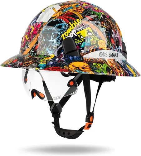 Vista 10 de Casco duro de ala completa con visera, casco de seguridad de suspensión de trinquete de 6 puntos, protección superior de impacto para la cabeza