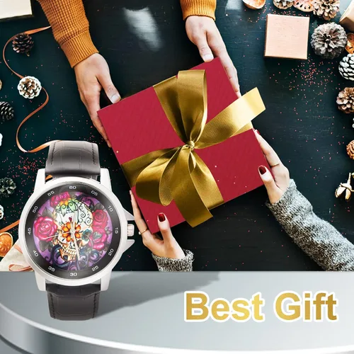 Vista 8 de Diseño especial hermoso cráneo de azúcar floral personalizado unisex correa de cuero de acero inoxidable reloj caja de metal, vidrio templado, banda