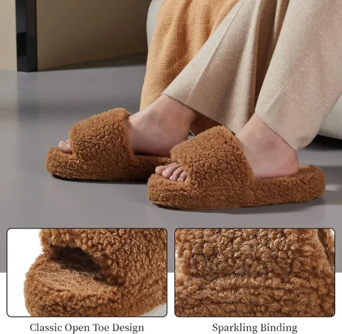 Vista 4 de posee Pantuflas mullidas de espuma viscoelástica para mujer, pantuflas de punta abierta mullidas, de piel rizada, cómodas, suaves, antideslizantes