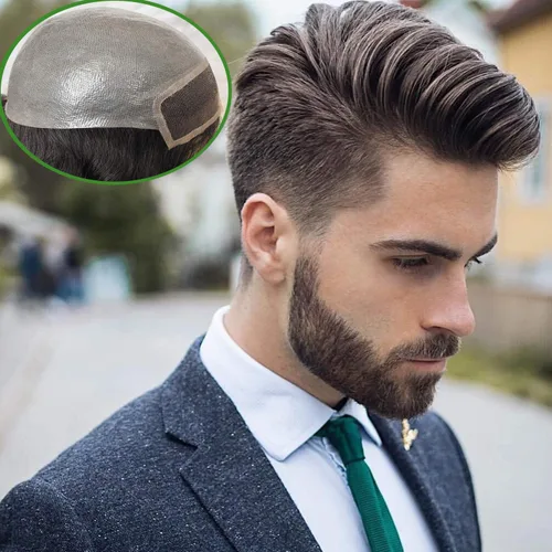 Vista 6 de Voloria Toupee para hombres 100% cabello humano europeo suizo frente encaje frontal natural piezas de cabello 0.003 in piel fina PU V-looped sistema