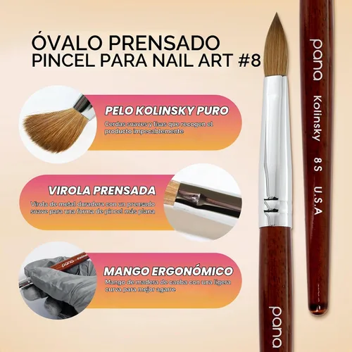Vista 3 de PANA Pure Kolinsky - Cepillo de uñas acrílicas para el cabello, forma ovalada prensada con mango de madera de caoba (talla 8)