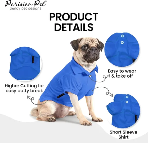 Vista 3 de Camisas Polo Parisian Pet - Camisa de Algodón Transpirable para Perros - Azul Sólido, Ropa de Verano con Capucha - Cuello con Botón para Perros