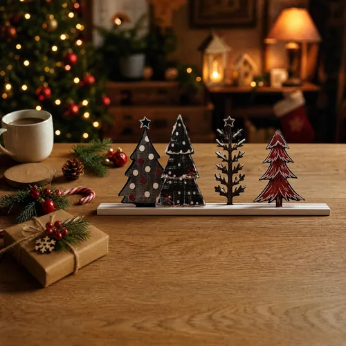 Vista 4 de Decoración de mesa de Navidad con sonrisa, centros de mesa de pie, 4 piezas de señales de árboles de Navidad en madera, decoración para estante.