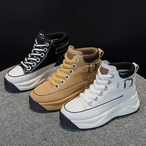 Vista 3 de SOLPNOW Botines de piel auténtica con plataforma de forro polar para mujer, con cordones, transpirables, antideslizantes, a la moda, pequeños