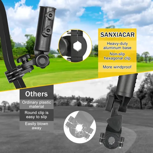 Vista 5 de Soporte de paraguas de carrito de golf resistente con base de aluminio ajustable de 180° para cochecito, bicicleta, silla de ruedas, bicicleta