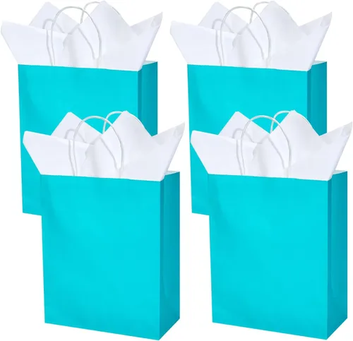 Vista 2 de DjinnGlory Paquete de 50 bolsas de regalo de papel azul turquesa de tamaño mediano con asas de 10 x 8 x 4 pulgadas y 50 papel de seda blanco