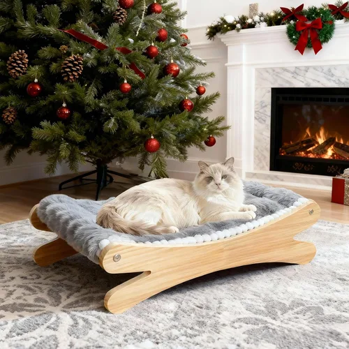 Vista 7 de Cama elevada de felpa para gatos, acogedora hamaca elevada para gatos con marco de madera maciza, cojín suave y peludo para gatos