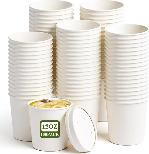 Vista 15 de Paquete de 100 recipientes de papel de 4 onzas para sopa con tapas ventiladas, recipientes desechables para alimentos, tazas de helado de estraza