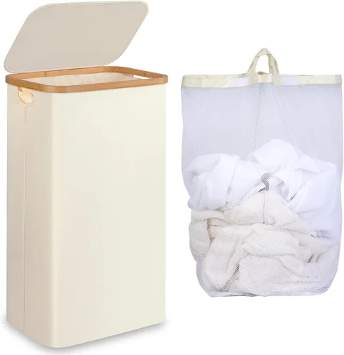 Vista 18 de iEGrow - Cesta de lavandería delgada de 65L, cesta de lavandería estrecha con tapa, cesta de ropa plegable con asas de bambú, cesta de lavandería