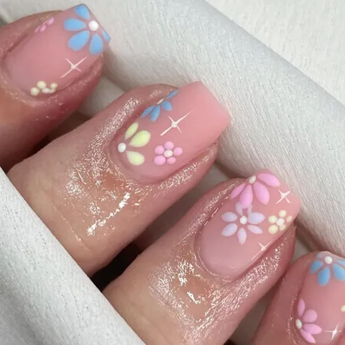 Vista 23 de Uñas postizas ovaladas a presión con puntas francesas, juego de uñas postizas cortas de flores artificiales, uñas postizas acrílicas con diseños