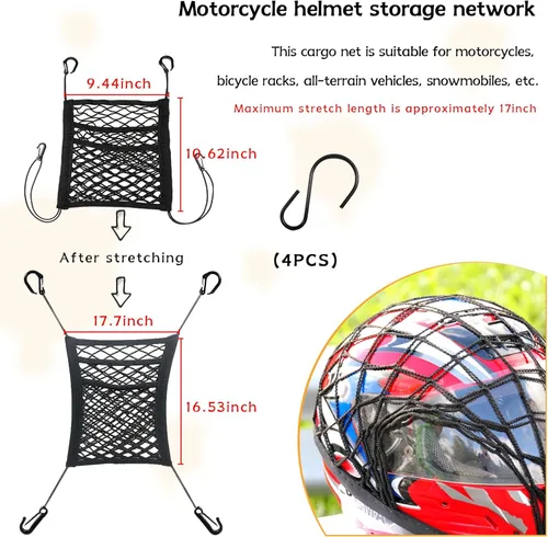 Vista 7 de Red de Carga para Motocicleta para Almacenamiento de Casco, 9.4''×10.6'' Red Bungee de Triple Capa de Alta Elasticidad con 4 Ganchos, Bolsillo