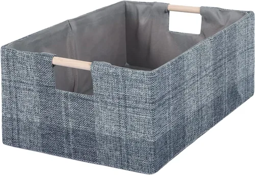 Vista 10 de Caja de Almacenamiento de Tela Plegable Cesta de Algodón y Lino con Asas de Madera, Cubo Rectangular Decorativo, Organizador de Lavandería