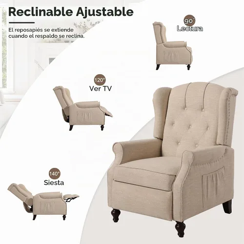Vista 4 de Silla Wingback con masaje y calor, silla reclinable de tela copetuda, silla reclinable con respaldo de ala con control remoto, cojín acolchado