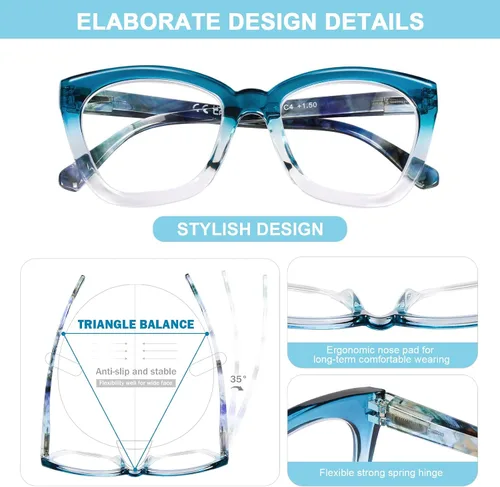 Vista 4 de AQWANO Stylish Reading Glasses for Women, Blue Light Blocking/Anti UV Readers Oversized Fashion Cat Eye Readers A-c4-azul