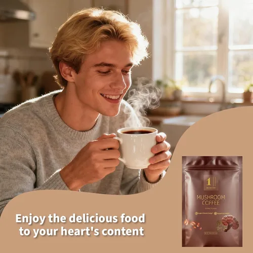 Vista 8 de Café de hongos (30 porciones) Café instantáneo de tostado medio, 10 hongos adaptogénicos con colágeno alimentado con hierba, chaga, cordyceps