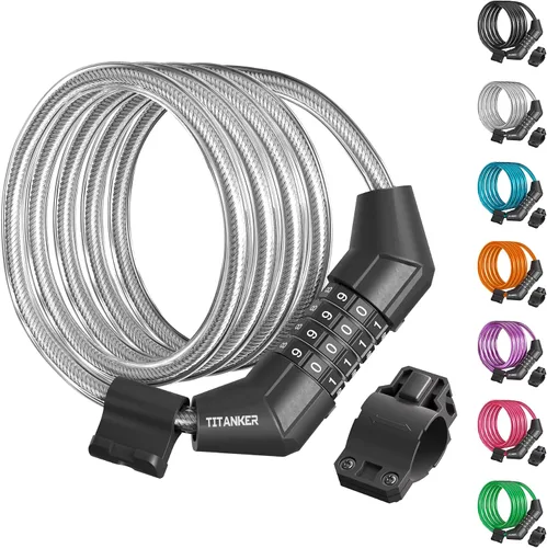 Vista 11 de Titanker Cable de bloqueo de bicicleta, bloqueo de cable de bicicleta de 4 pies, bloqueo de bicicleta autoenrollable básico para niños, combinación
