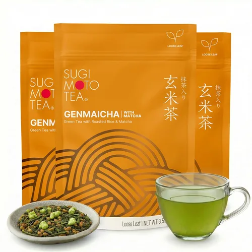 Vista 13 de SUGIMOTO Té japonés Genmaicha con hoja suelta Matcha 3.5 oz 100% Hecho en Japón, Shizuoka, Té Verde Sencha con Arroz Asado y Matcha, 3.5 oz