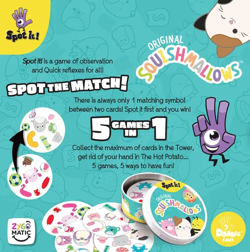 Vista 2 de Spot It! Squishmallows - Divertido juego de cartas para niños y adultos Con Mila, el elefante o Cailey, el cangrejo rosa y más Juego