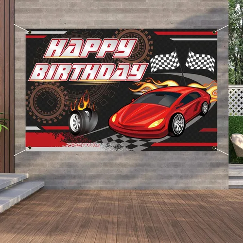 Vista 5 de Telón de fondo de cumpleaños de carreras de autos (5.9 x 3.7 pies), pancarta de tela gruesa a las arrugas, para cabina de fotos para niños, fiesta