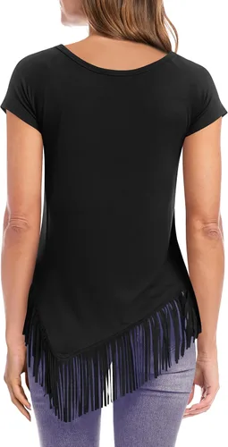 Vista 2 de liher Camisetas de verano para mujer, manga corta, raglán, cuello redondo, dobladillo asimétrico, con flecos, túnica