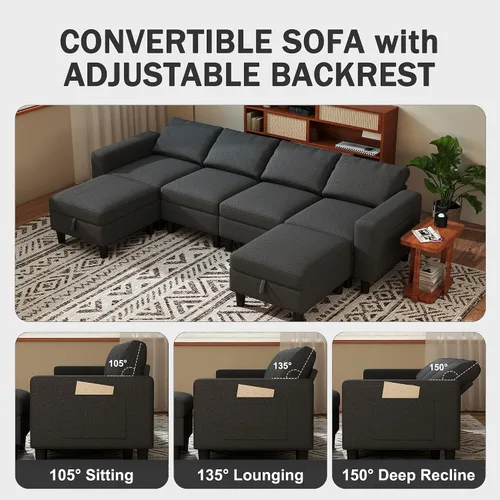 Vista 4 de Sofá modular seccional, sofá modular de 110 pulgadas con almacenamiento y respaldo ajustable, sofás seccionales convertibles de 6 asientos para sala