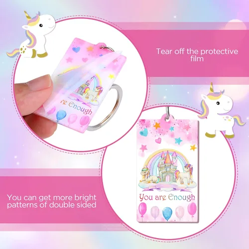 Vista 7 de 9 llaveros acrílicos de unicornio arcoíris con cita inspiradora de unicornio, regalos para niñas y mujeres, regalos de amistad de unicornio