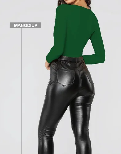 Vista 35 de MANGDIUP Body esencial para mujer, cuello redondo, manga larga, ajustado, elástico, de algodón y elastano