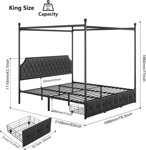 Vista 2 de Keyluv Marco de cama con dosel tapizado tamaño King con 3 cajones y cabecero capitonado con botones, cama de plataforma de metal con 4 postes Gris