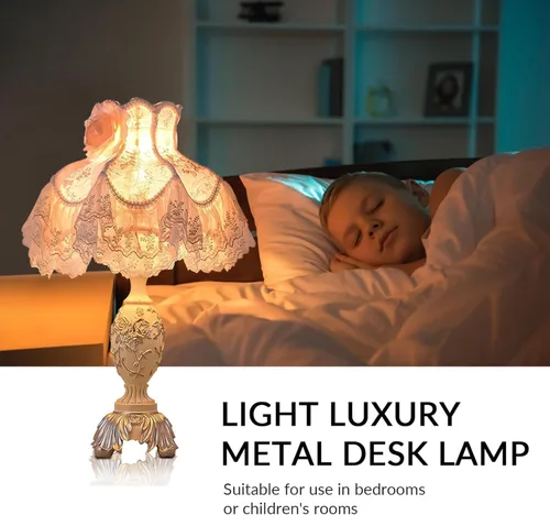 Vista 7 de Lámpara de escritorio de estilo europeo rosa con pantalla de tela, lámpara de mesa victoriana con bombilla E27 e interruptor de botón, lámparas