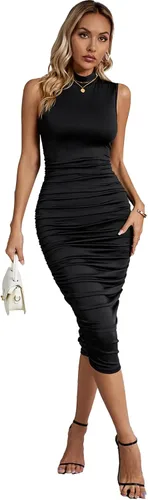 Vista 6 de Umenlele Vestido midi sin mangas para mujer, con cuello alto falso, fruncido, entallado, tubo para discoteca y salidas nocturnas