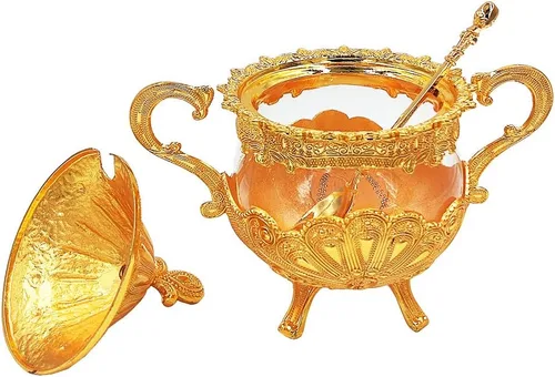 Vista 4 de Hourwof Azucarero con tapa y cuchara para cocina, cafetería, fiesta de boda, recipiente de metal y vidrio para azúcar y azúcar en polvo, contenedor