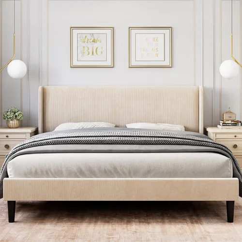 Vista 13 de Base de cama de tamaño matrimonial con cabecera tapizada, base de cama de plataforma de madera con 2 bolsillos de almacenamiento, respaldo de ala