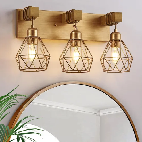 Vista 20 de Lámpara de tocador estilo casa de campo para baño, luminarias de tocador de baño de 2 luces negra dorada de madera sobre espejo, apliques rústicos