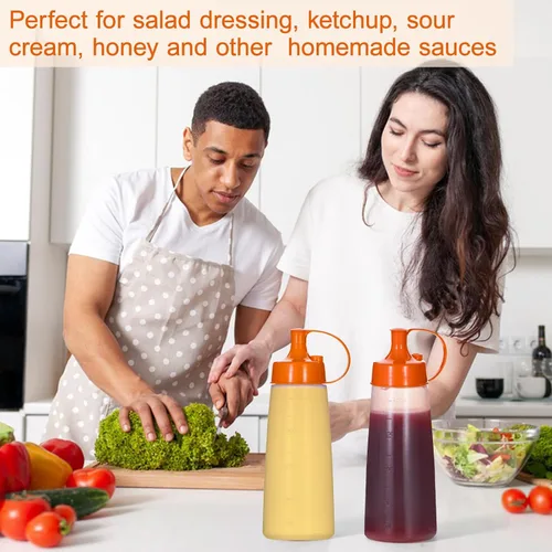 Vista 8 de Botellas exprimibles de condimentos de boca ancha, paquete de 2 botellas exprimibles con tapas de tapa y embudo para salsa de tomate, salsas