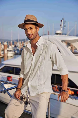 Vista 4 de COOFANDY Camisas de guayabera cubana para hombre, de manga larga, informal, con botones, de algodón, para la playa