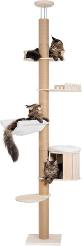 Vista 3 de Aechonow Árbol alto de piso a techo para gatos grandes, torre para gatos con poste rascador, altura ajustable (82-122 pulgadas), cama cueva grande