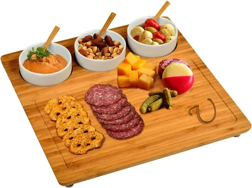 Vista 10 de Picnic at Ascot Tabla de cortar de bambú grabada con monograma original para queso y embutidos con 3 cuencos de cerámica y cucharas de bambú