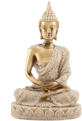 Vista 9 de Estatua de Buda, arenisca y resina, oro, mesa, hecho a mano, decoración de Buda